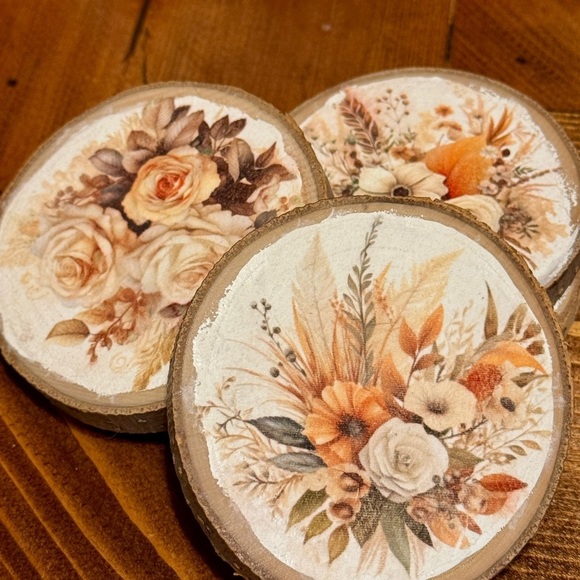 Handmade Floral Wood Coasters | Vintage Boho Cottagecore Aesthetic | Set of 4 - Picture 4 of 8